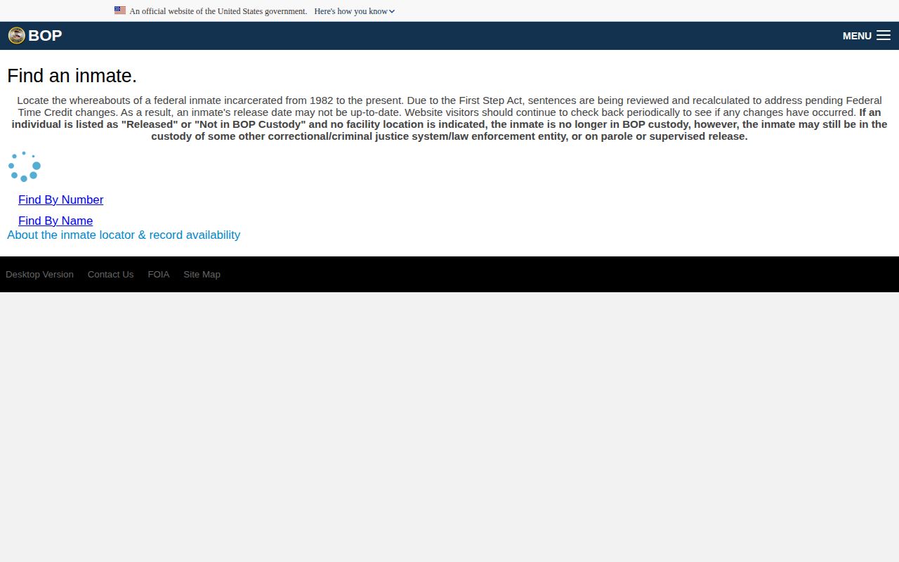 Federal Bureau of Prisons inmate locator and released status layout