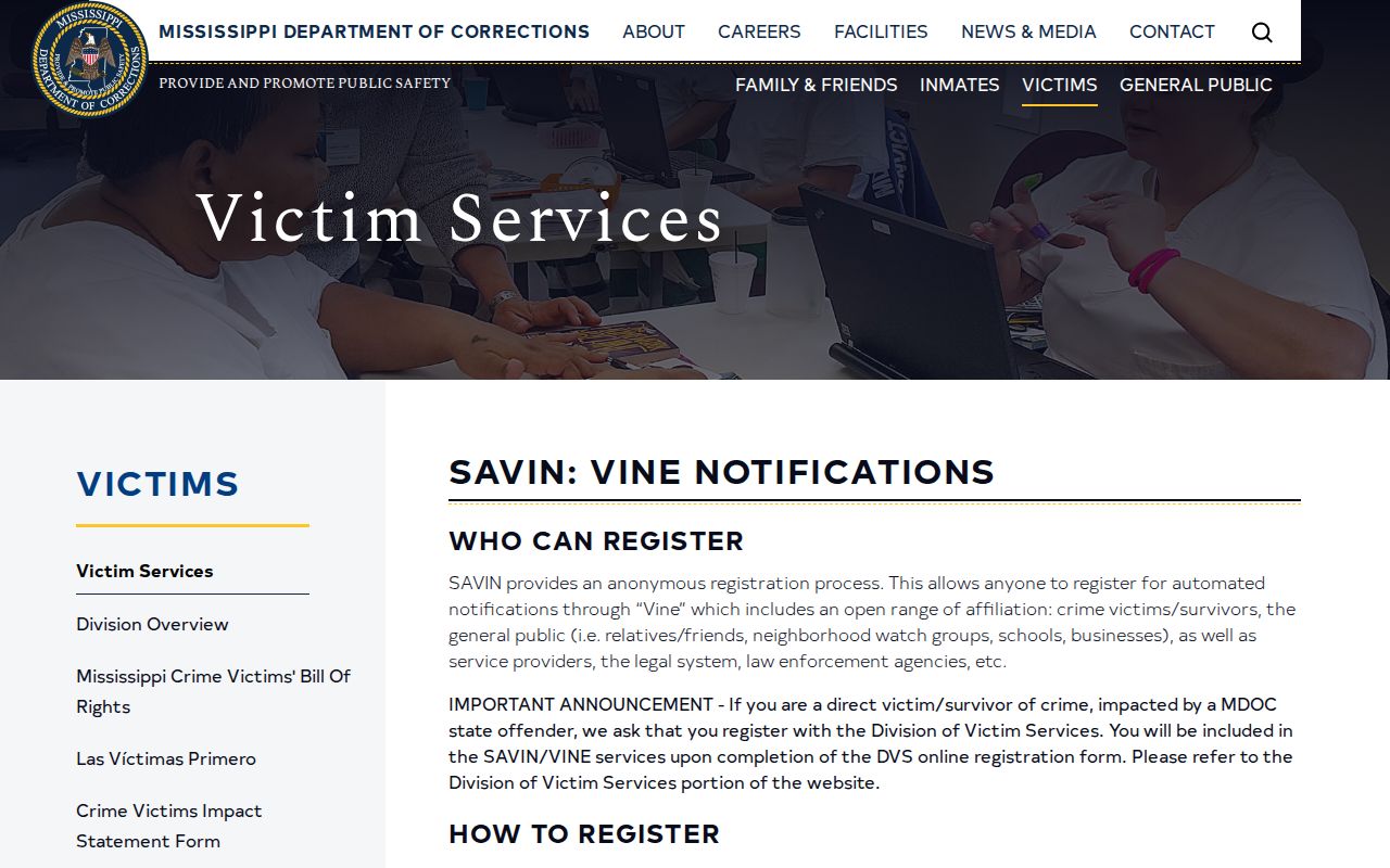 MS SAVIN registration link for Jefferson Davis County release and transfer notices