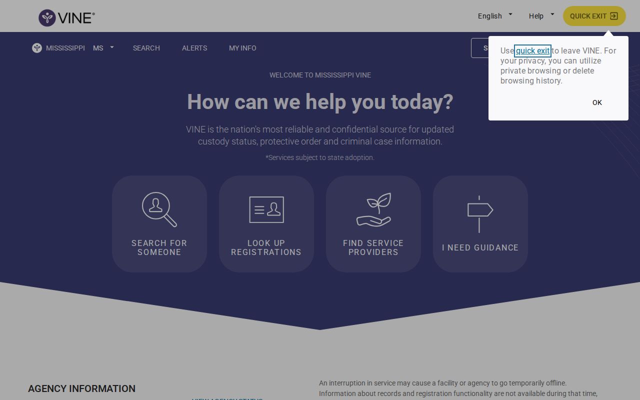 Mississippi VINE inmate check and release alert interface for Jefferson Davis County